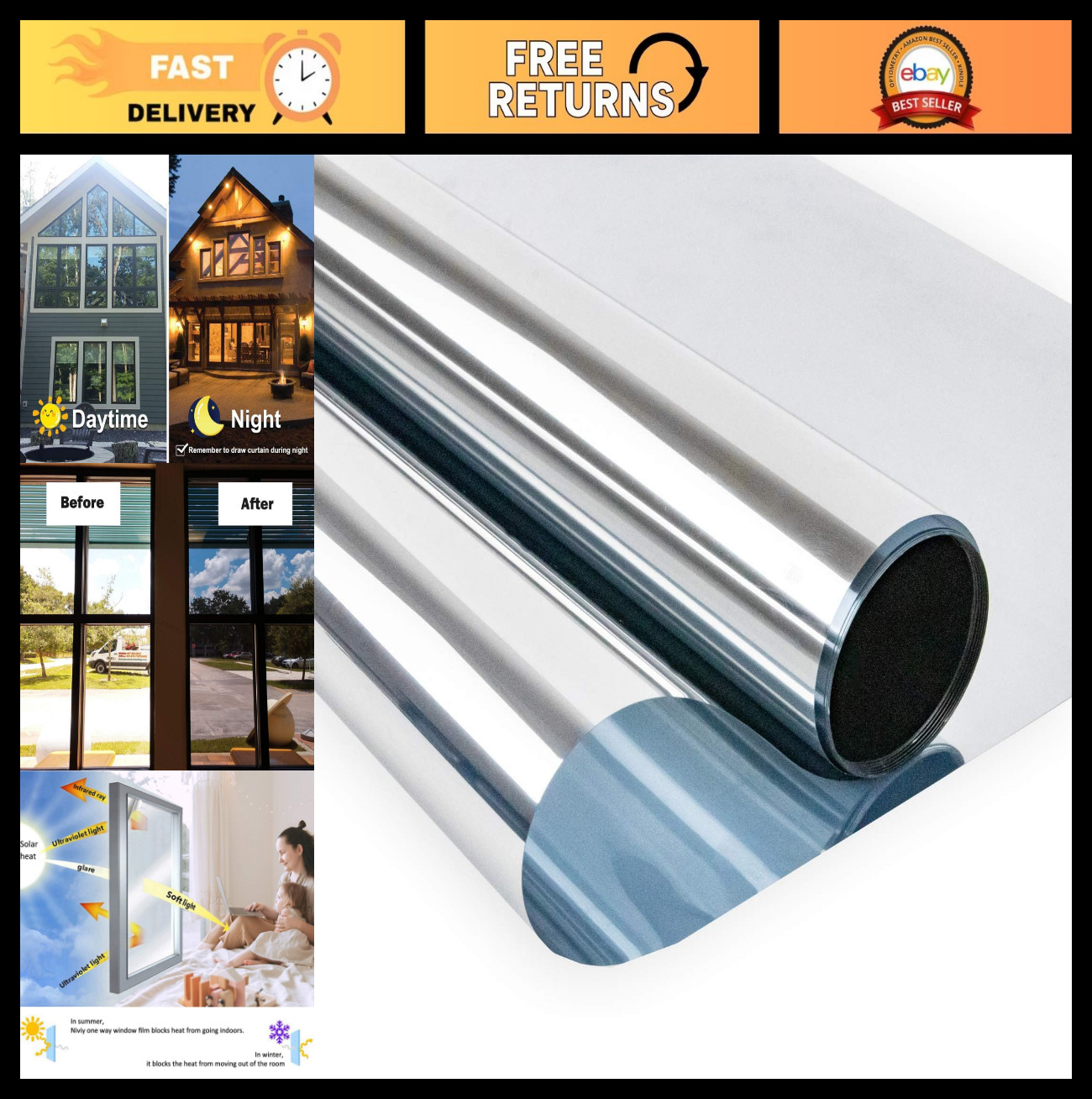 Daytime Privacy Window Film – Reflective Mirror Tint, UV Blocking, Heat Control,