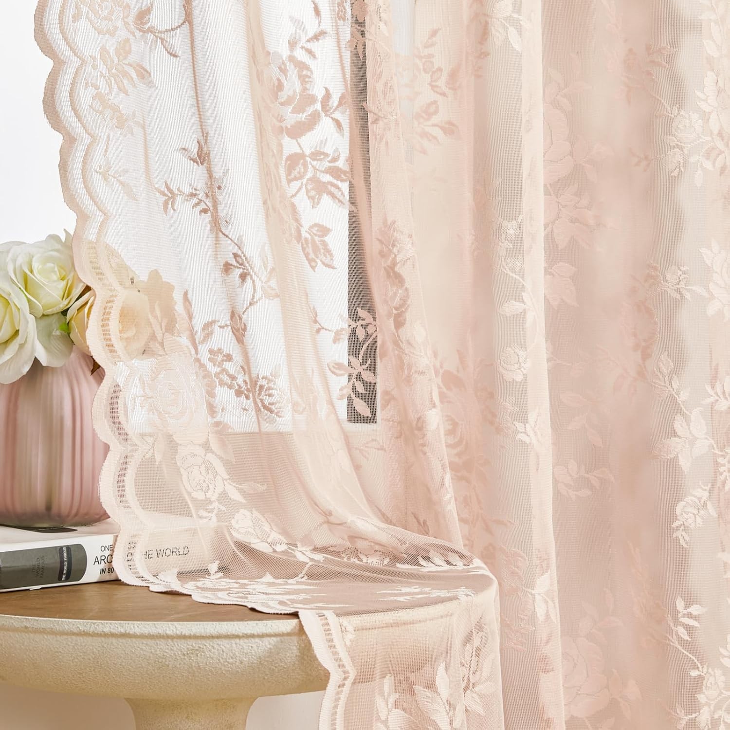 Blush Pink Lace Curtains 63 Inch Length 2 Panels set Victorian Floral Curtain…