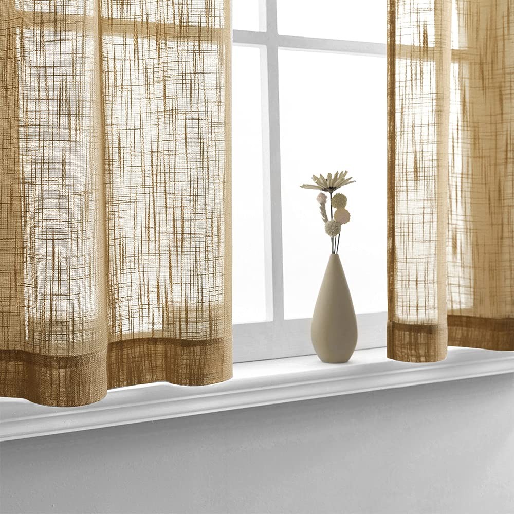 XTMYI Small Burlap Curtains for Kitchen Windows 25″W x 24″L (Pack of 2), Tan