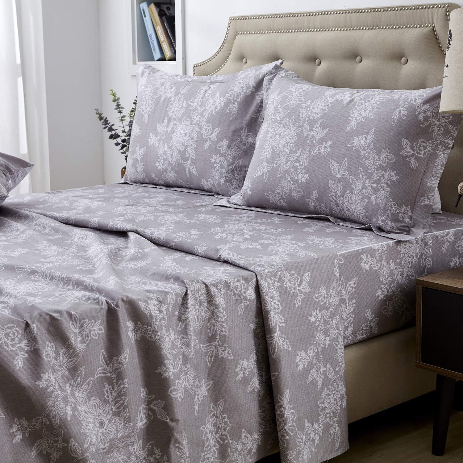 FADFAY Grey Twin Sheets Set White Floral Deep Twin, 4pc Set-gray
