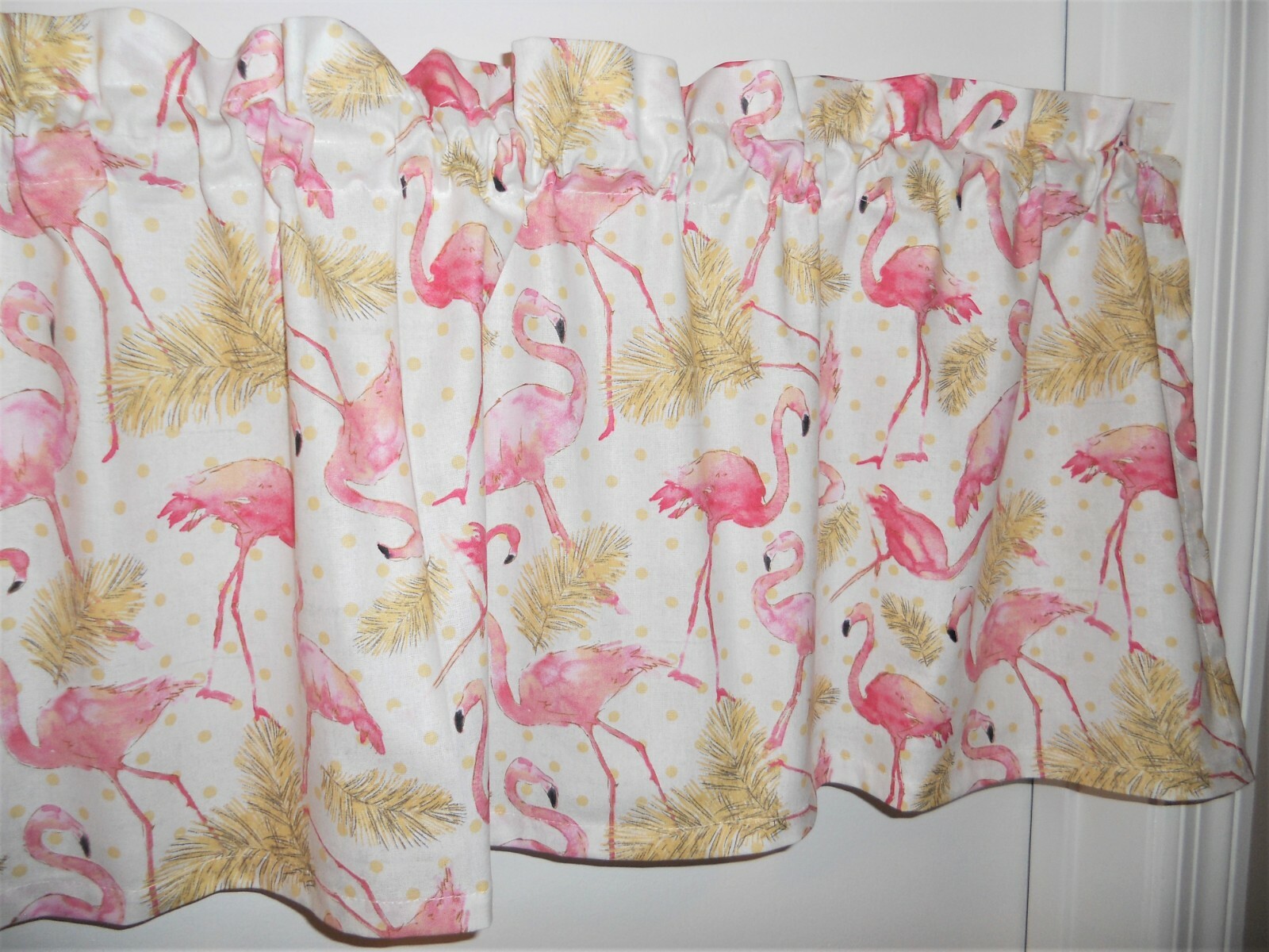 Summer Curtain Valance Flamingo Tropical Leaf Pink White Polka Dot 42 x 14