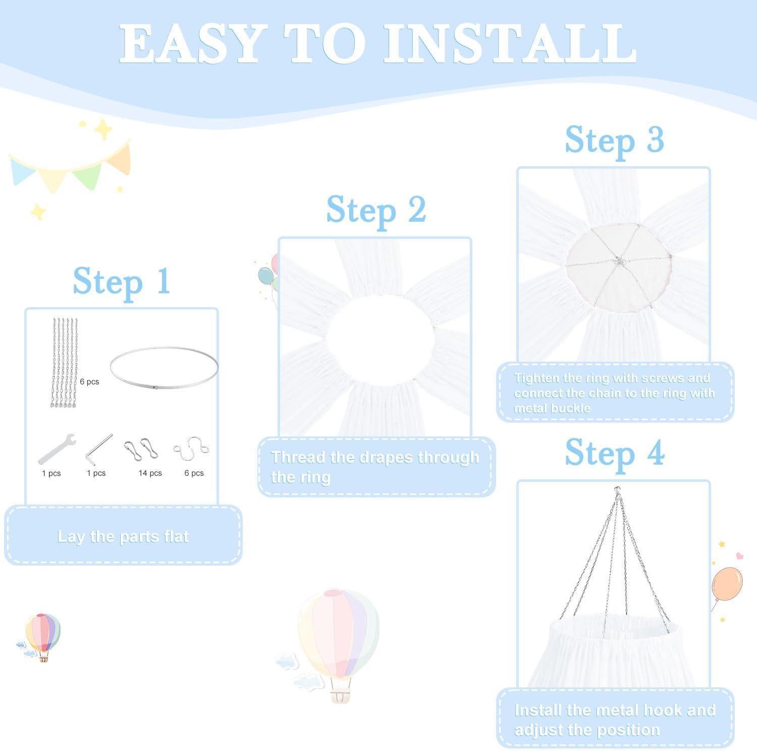 White Chiffon Ceiling Drapes with Hanging Kit for Weddings & Events – 6 Pack