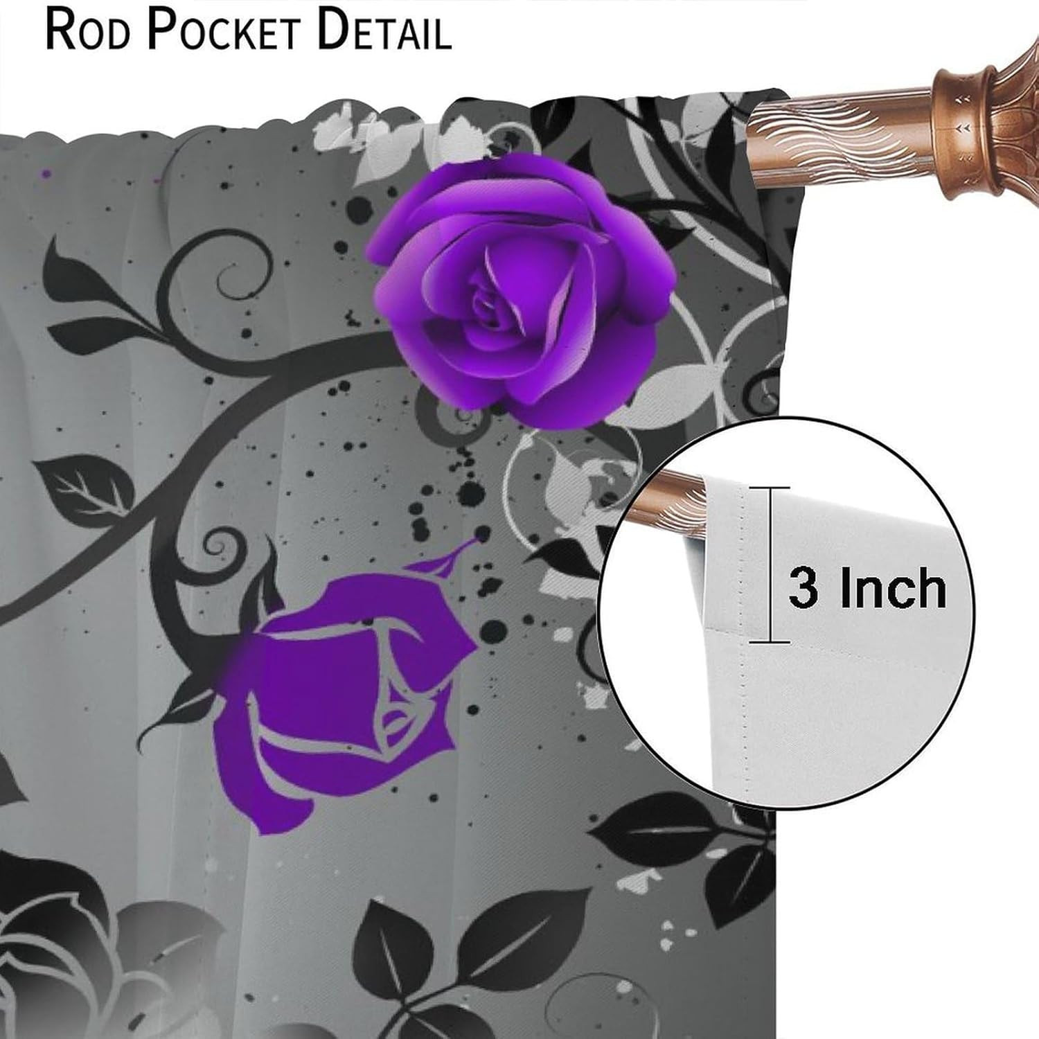 Abstract Grey Purple Rose Floral Curtains Romantic Modern Flower Black Leaves fo