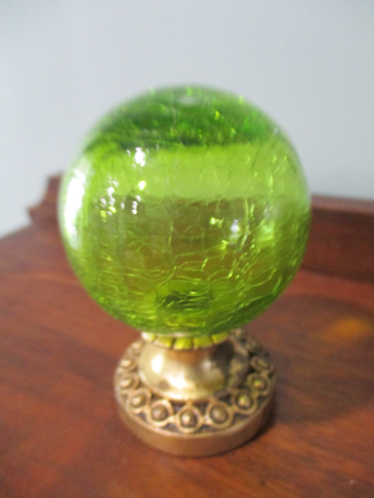 Murano hand blown Lime Green Crackle glass sphere globe Curtain Rod Finial