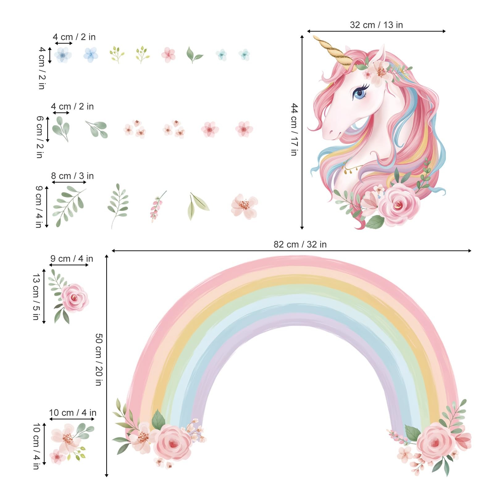 wondever Large Rainbow Wall Decals Unicorn Flower Peel and Stick