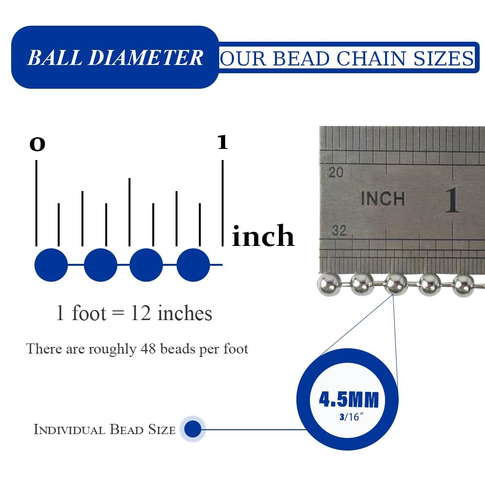 50ft Ball Bead Chain, #10 Stainless Steel Ball Chain, Roller Shade Chain&Vertica