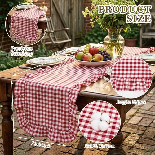 1 Pcs Plaid Gingham Ruffle Table Runner 118 x 13.8” 118 x 13.8 Inch Red