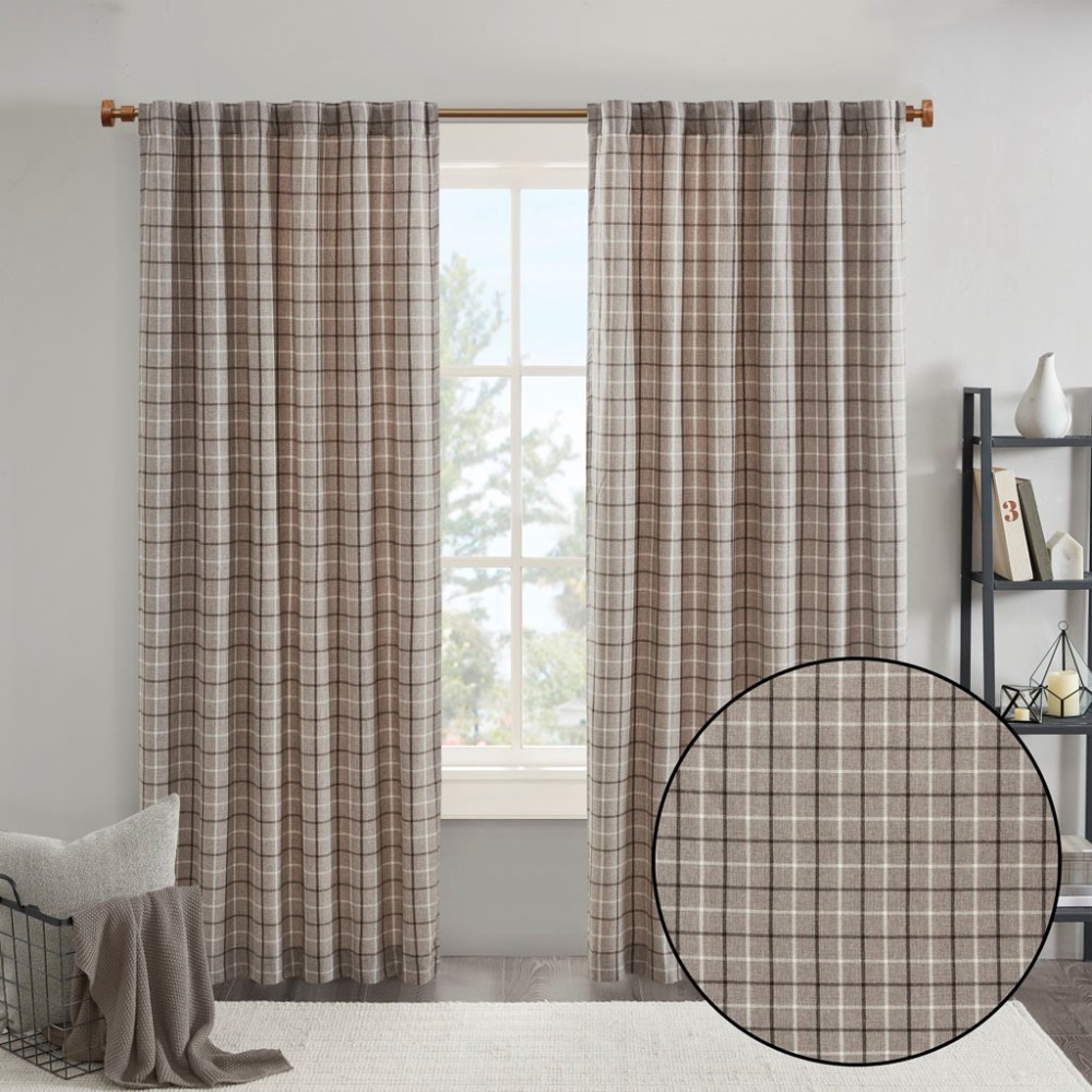 Plaid Rod Pocket and Back Tab Curtain Panel with Fleece Lining Brown 50×95″