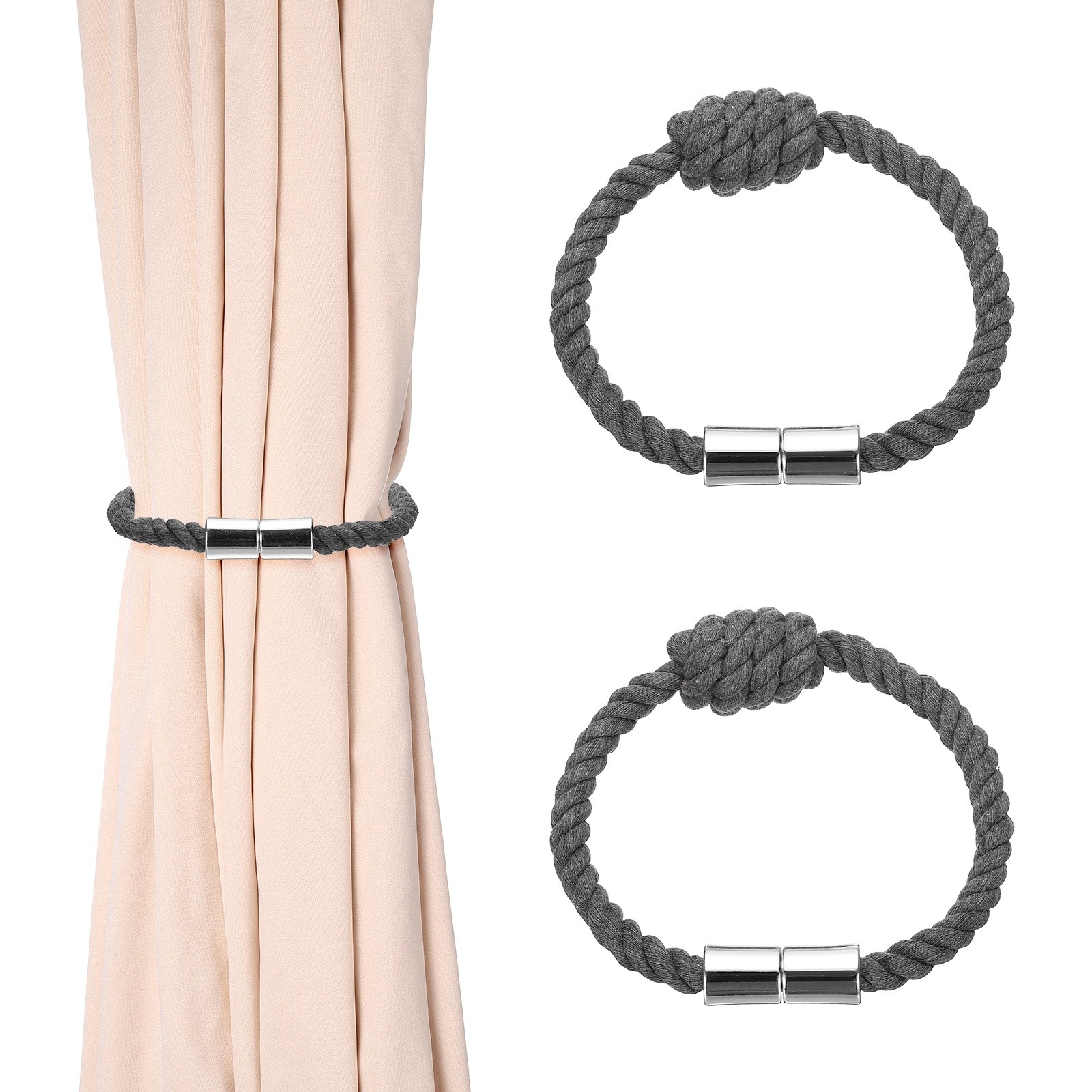2Pcs Magnetic Curtain Tiebacks Elegant Weave Curtain Tie Backs Dark Grey,