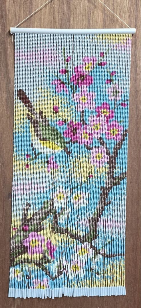 Showa-Retro Style Beaded Curtain Cherry Blossom Bird Motif Vintage
