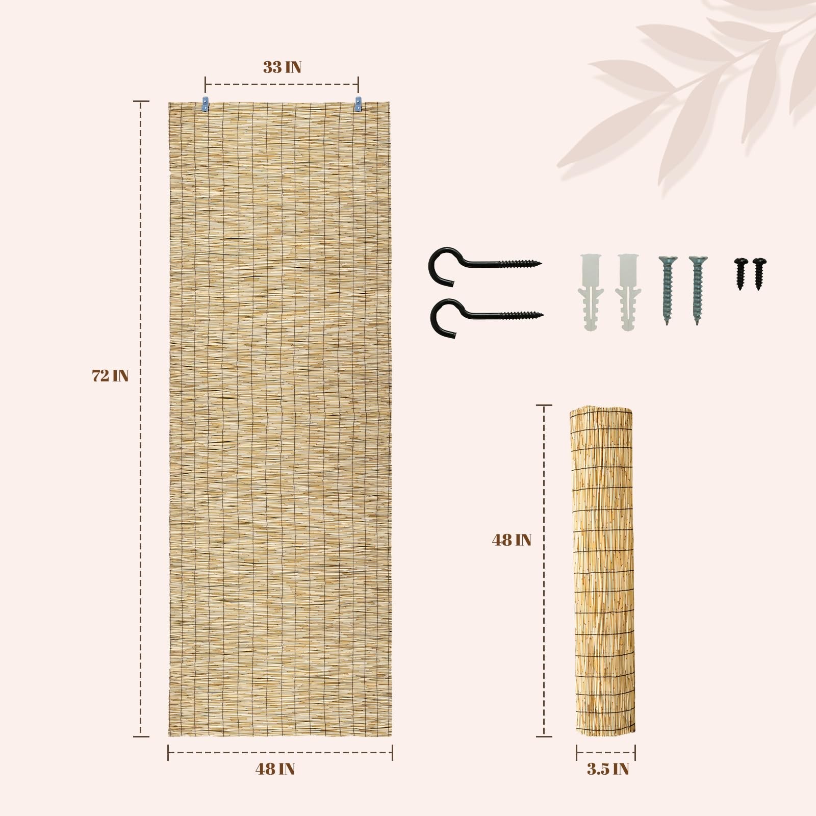 Shydzyyc Reed Roller Shades 48 W X 72 H Waterproof Privacy Screen Bamboo