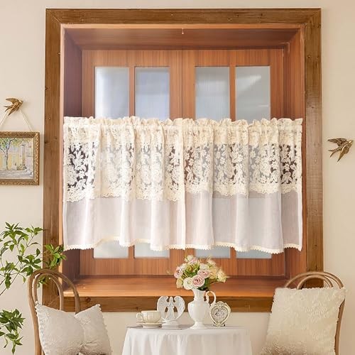 Lace Sheer Curtain for Kitchen Embroidered Floral 39″W x 20″L (Pack of 1) Beige