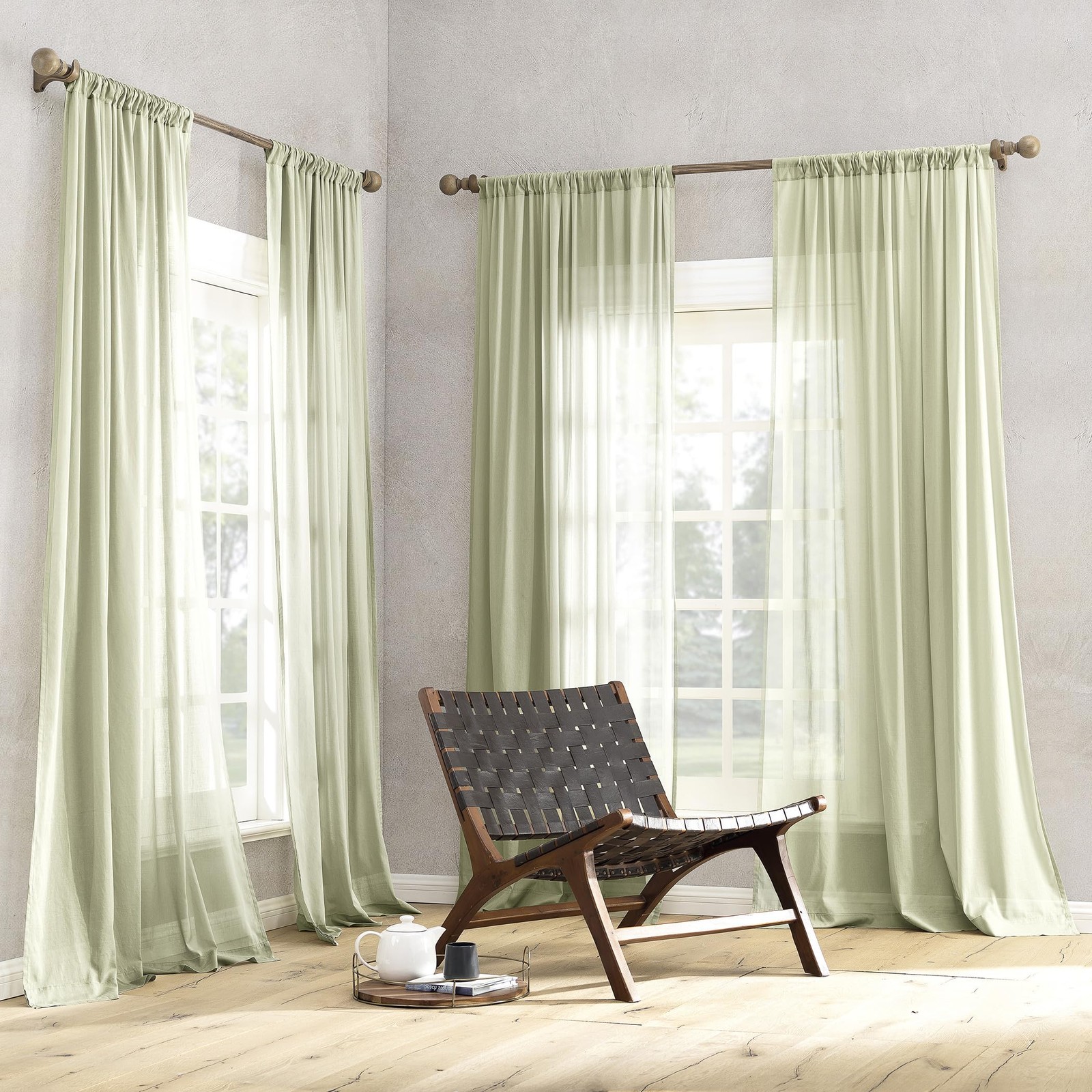 Moss Green Cotton Sheer Curtain 50 x 63 Light Filtering Panel for Home Decor
