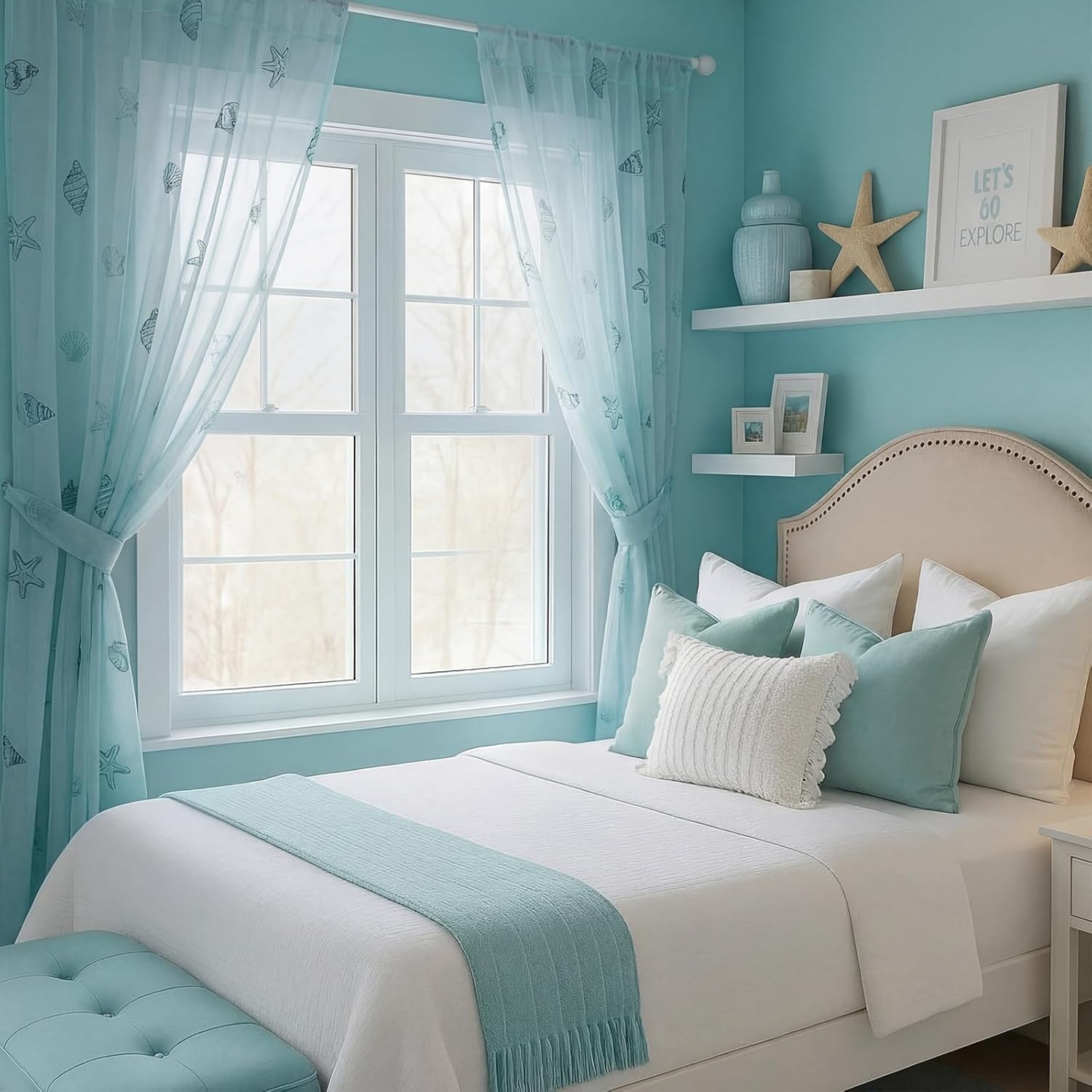 Coastal Beach Sheer Curtains 84 Inch 2 Panels Embroidered Voile Window Drapes