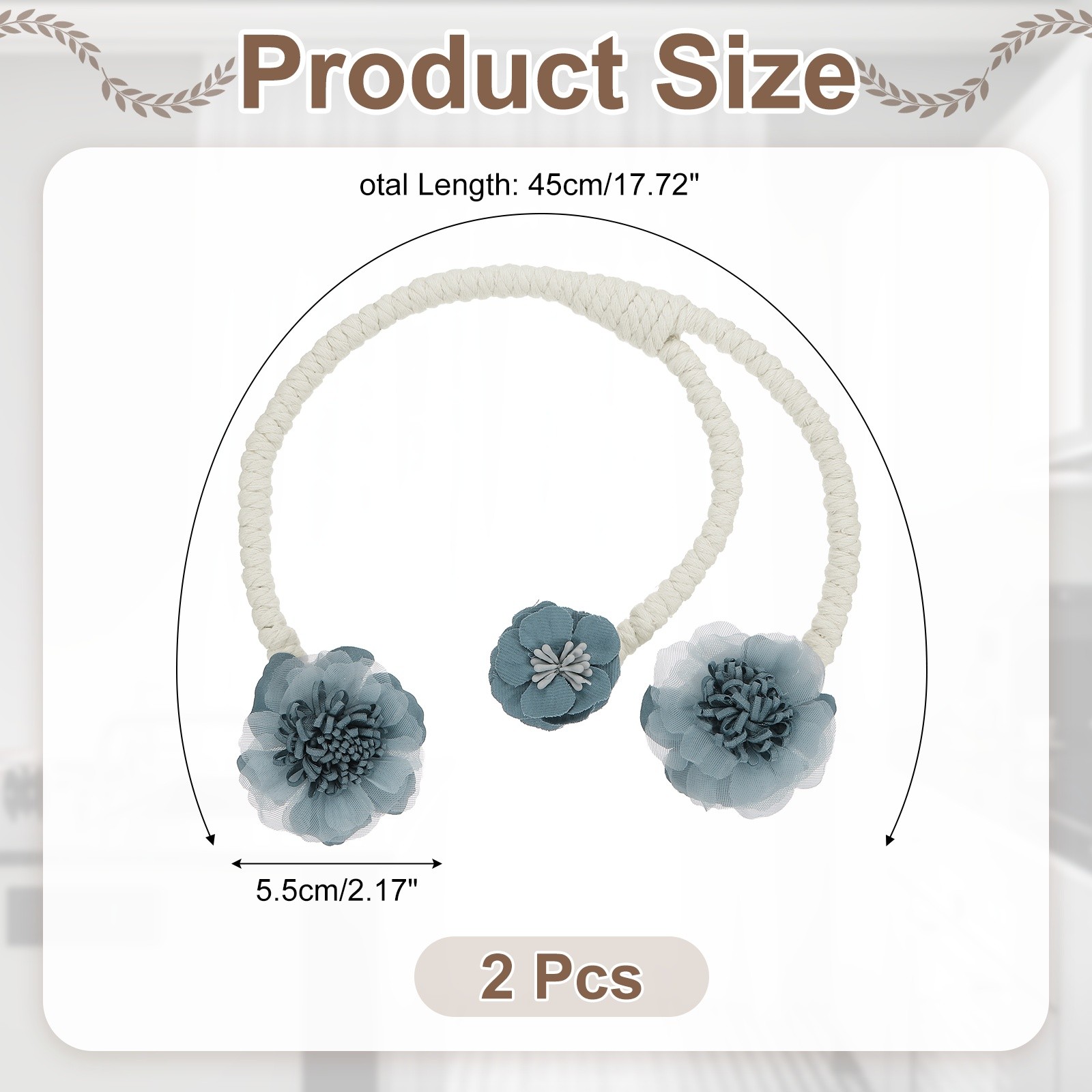 2Pcs Flower Curtain Tiebacks, 3 Flower 45cm Twist Holdbacks Clip, Blue