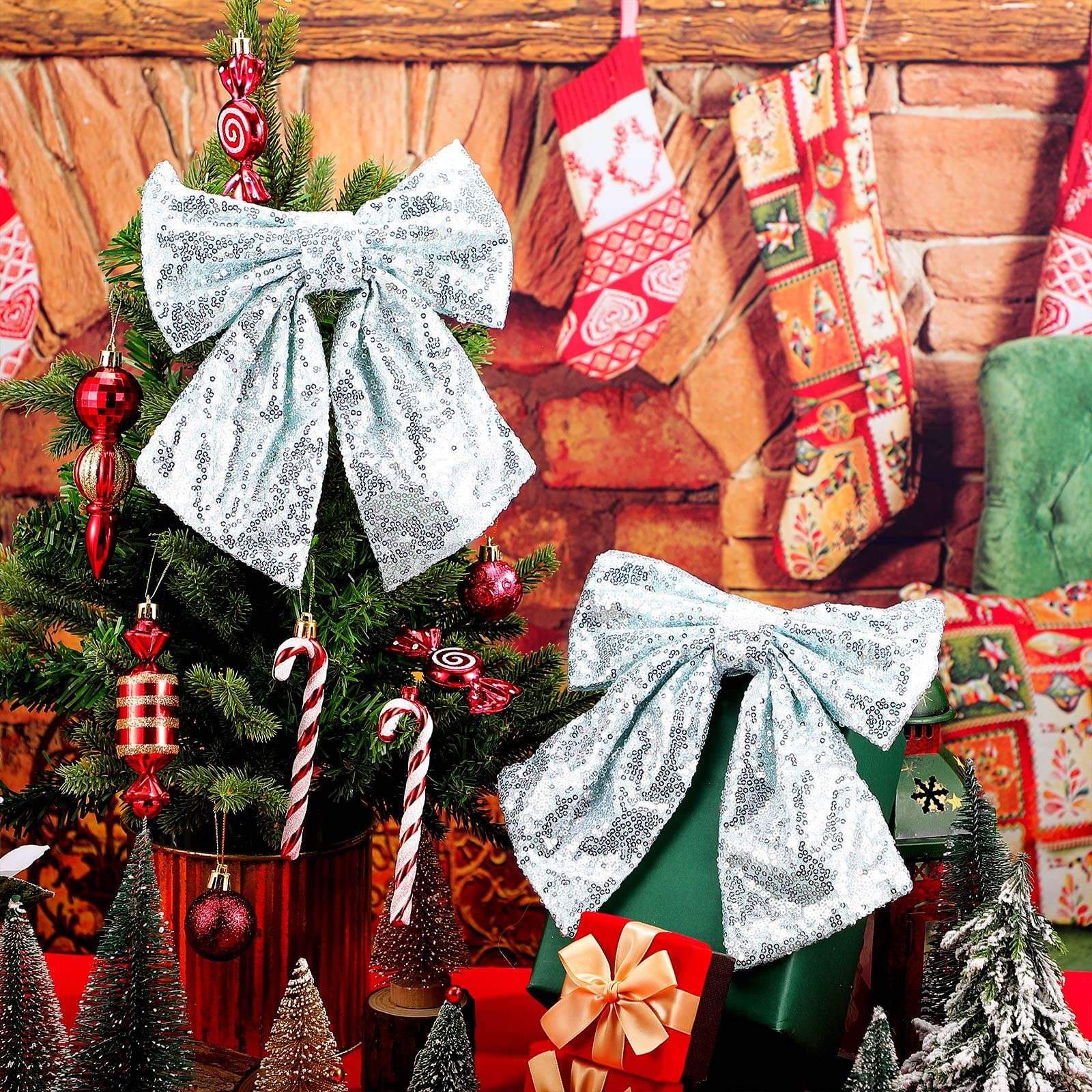 2 Pieces Christmas Bow 10 x 8 Inches Glitter Bows for Wreath Shiny Bow with B…