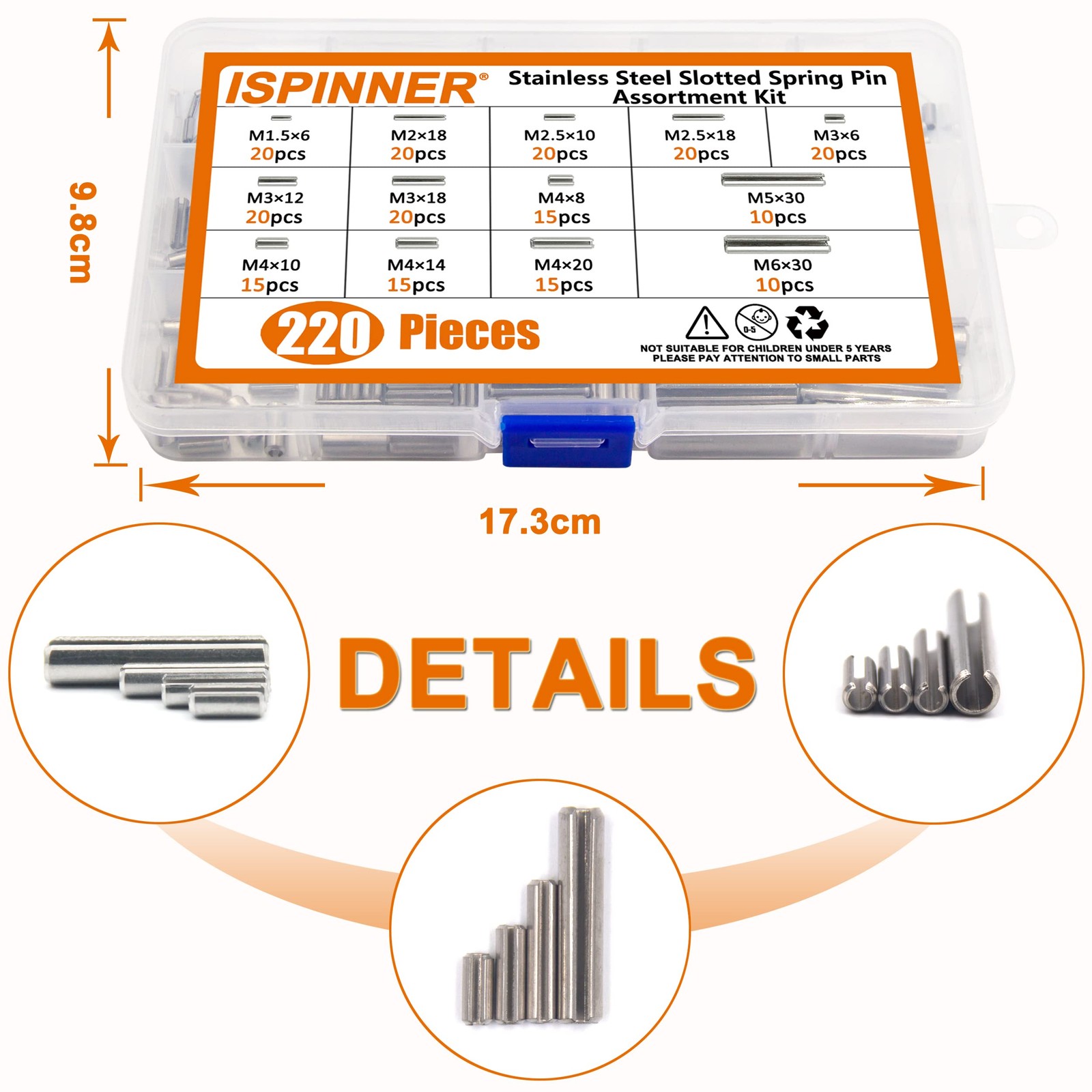 ISPINNER 220pcs Roll Pin Set, Stainless Steel Slotted Spring M1.5X6 To M6X30