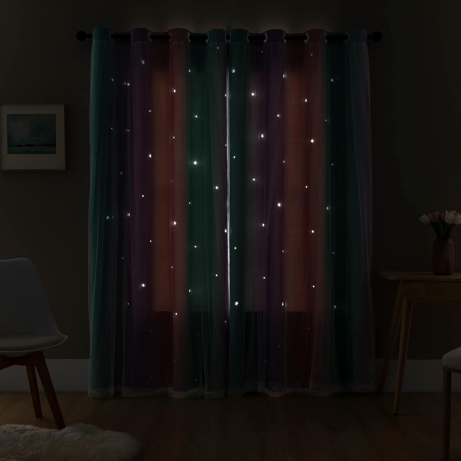Rainbow Blackout Curtain Panel with Sheer Layer Star Cutouts 63 x 34 Inch Kids