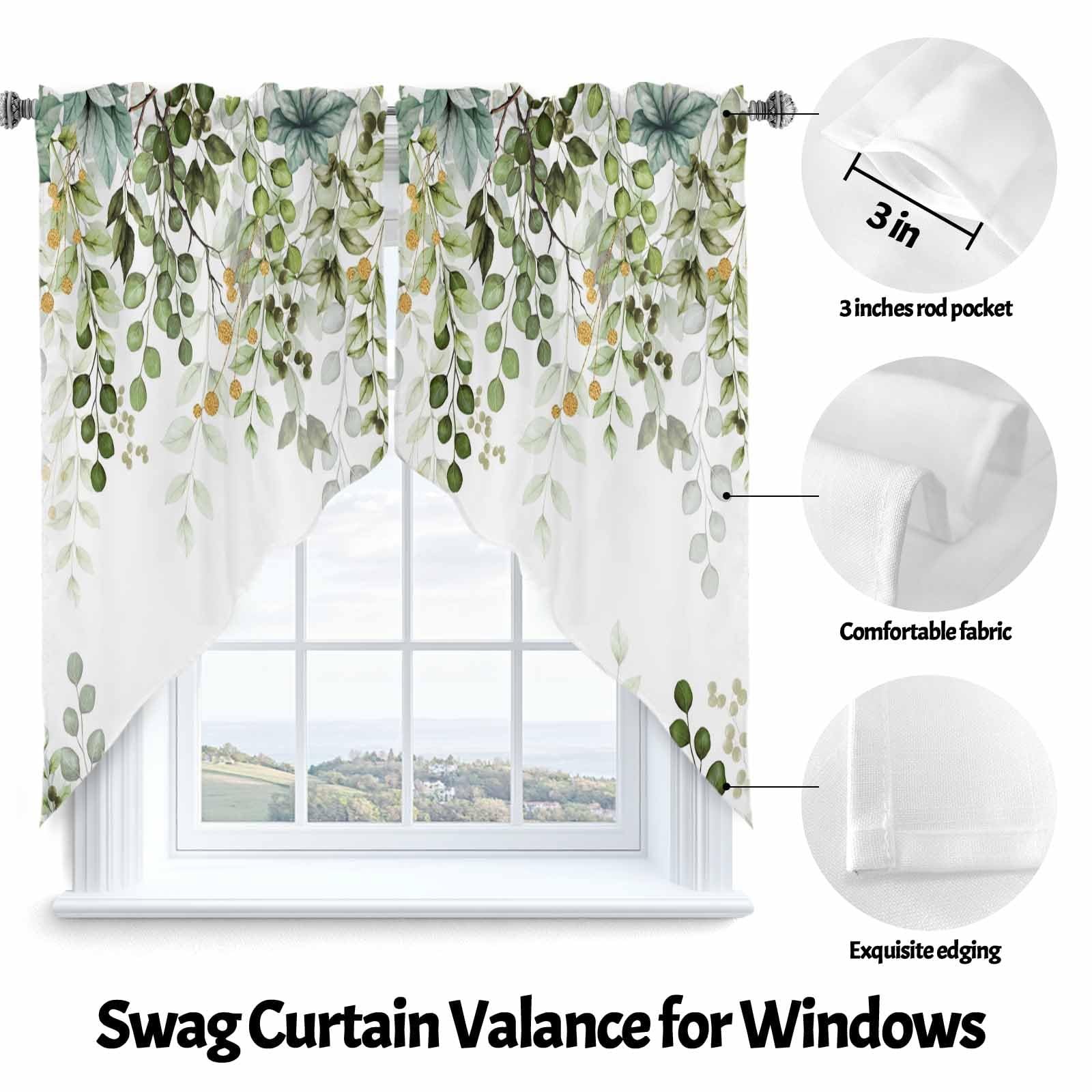 Sage Green Eucalyptus Swag Valance, Botanical Plants Rod Pocket Kitchen Valan…