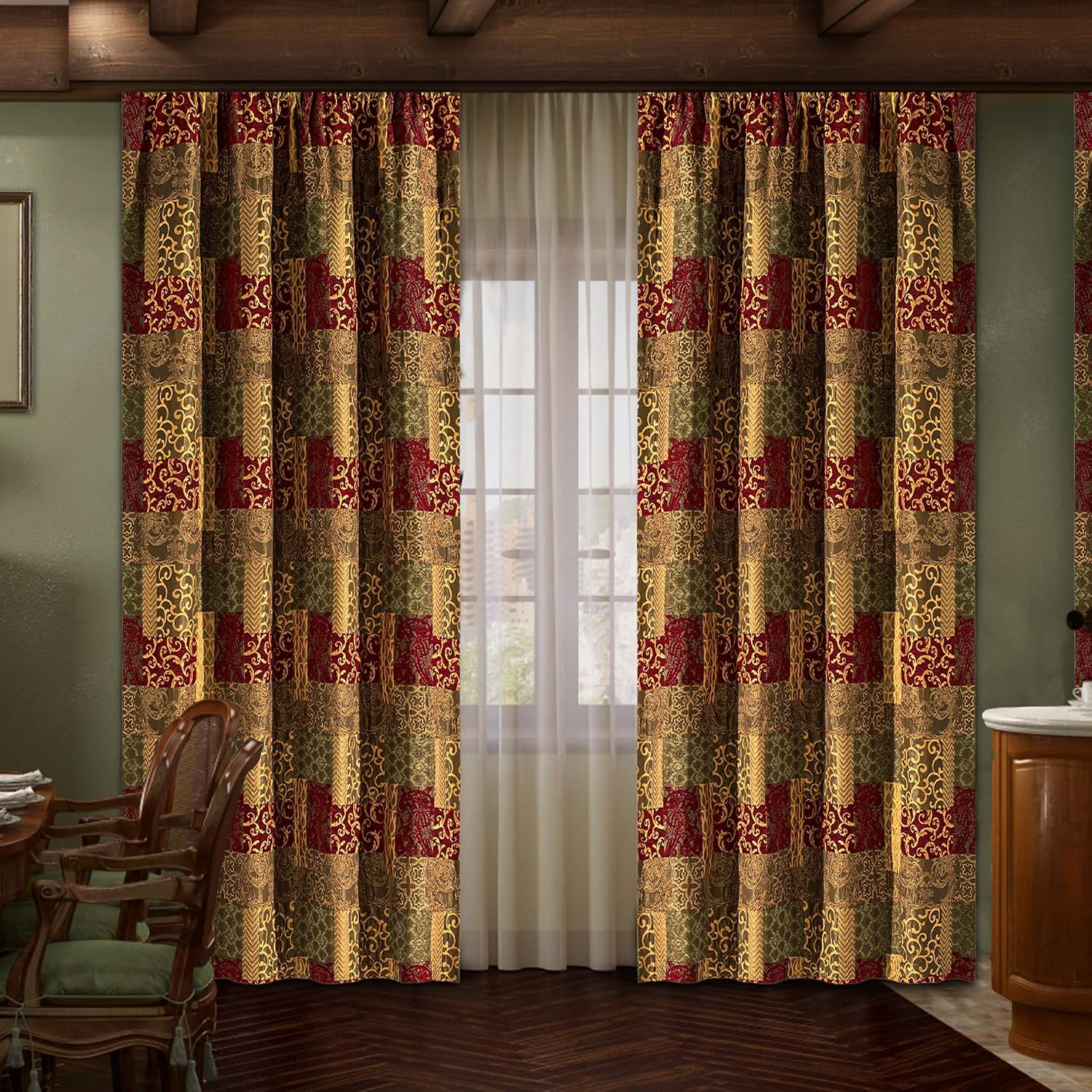 Luxury Damask Curtains for Living Room, Patchwork Thick Chenille Jacquard Window