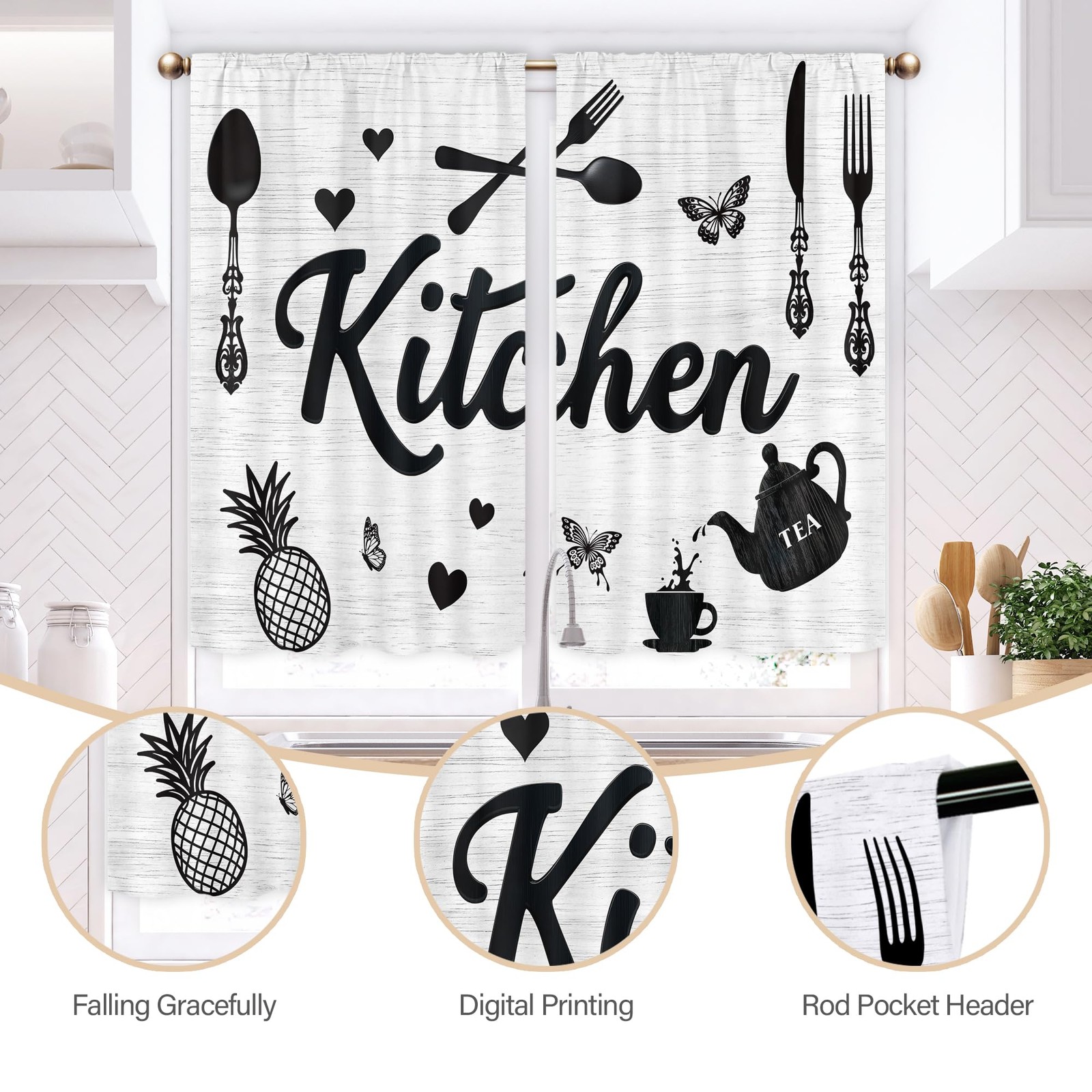 Black and White Kitchen Curtains for Bedroom 27.5Wx39H Inch Rod Pocket Farmho…