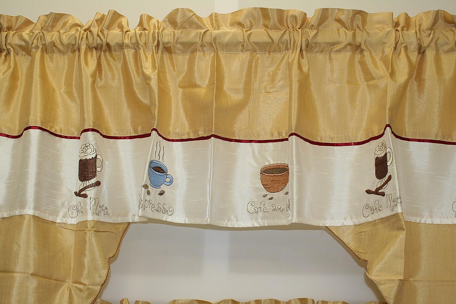 3PC Kitchen Cafe Mocha Espresso Embroidered Tier and Swag Set Faux Silk Fabric