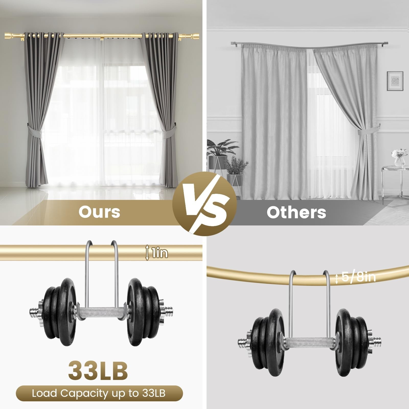 1” Diameter Gold Curtain Rods Itself is 30 to 90 inch, 1 Pack Fit 30-84 in