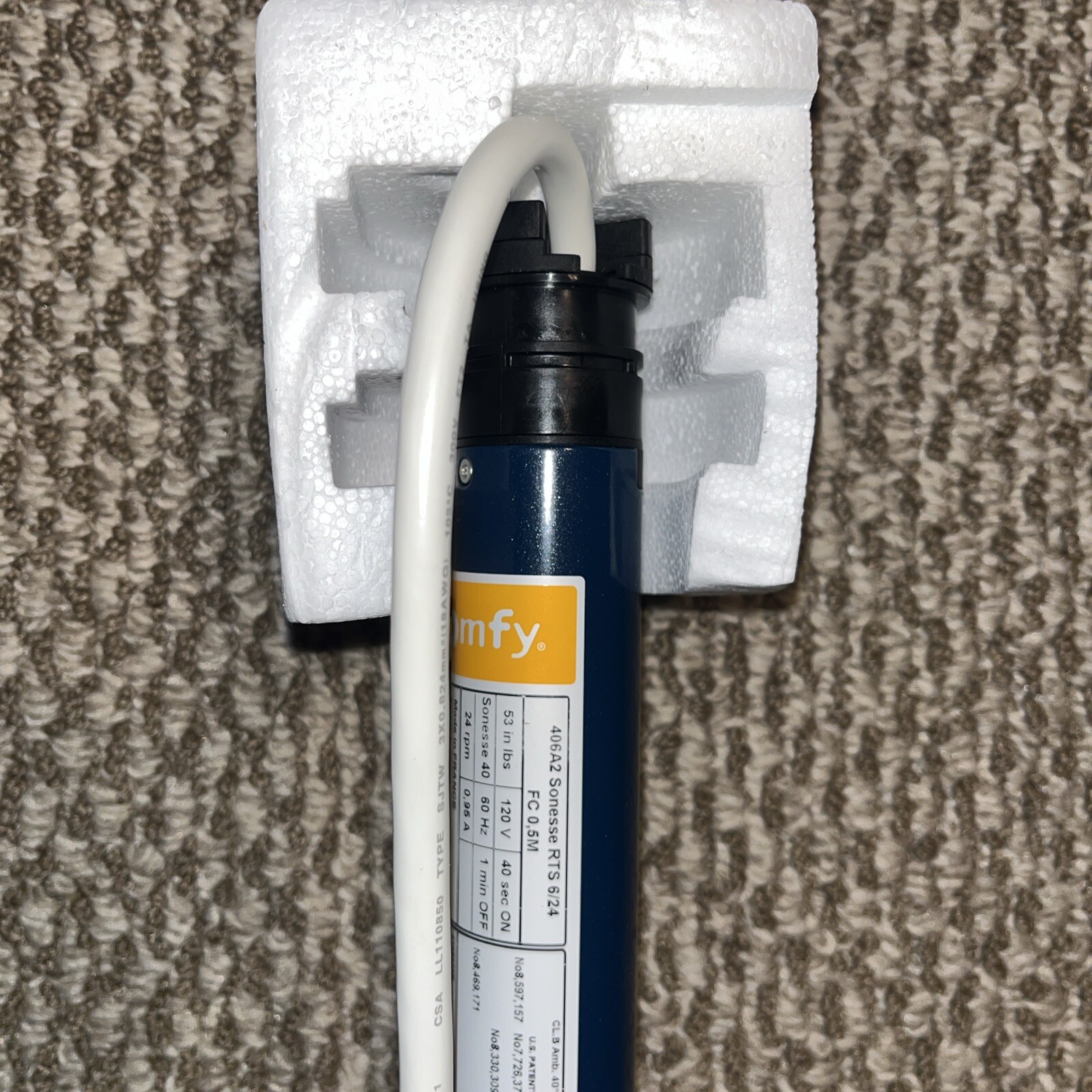 NEW SOMFY 406A2 SONESSE 40 QUIET TUBULAR SHADE MOTOR RTS 6/24RPM 1240381 20″CORD