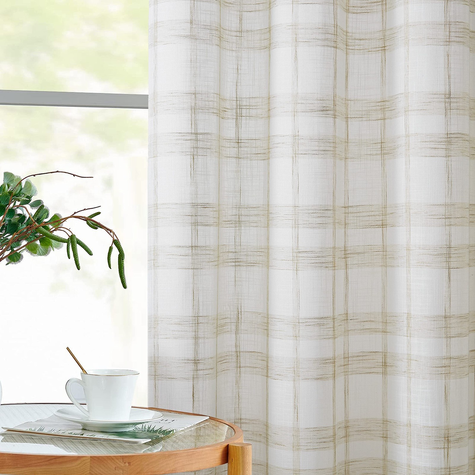 Tan and White Buffalo Plaid Curtains 84 Inch Long Farmhouse Gingham Checkered