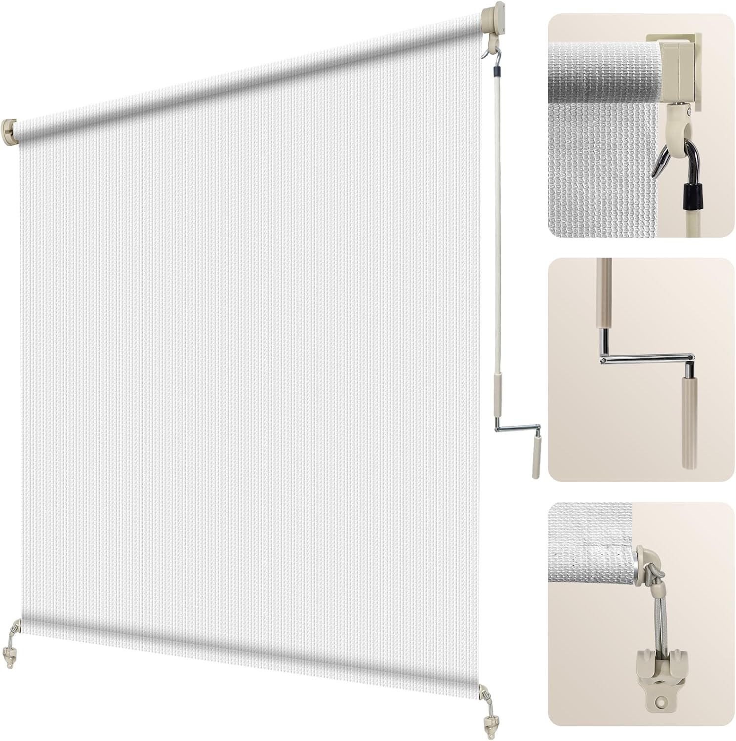 Outdoor Roller Shade 10′ W x 8′ H, White Exterior Cordless Patio Roll Up Blinds