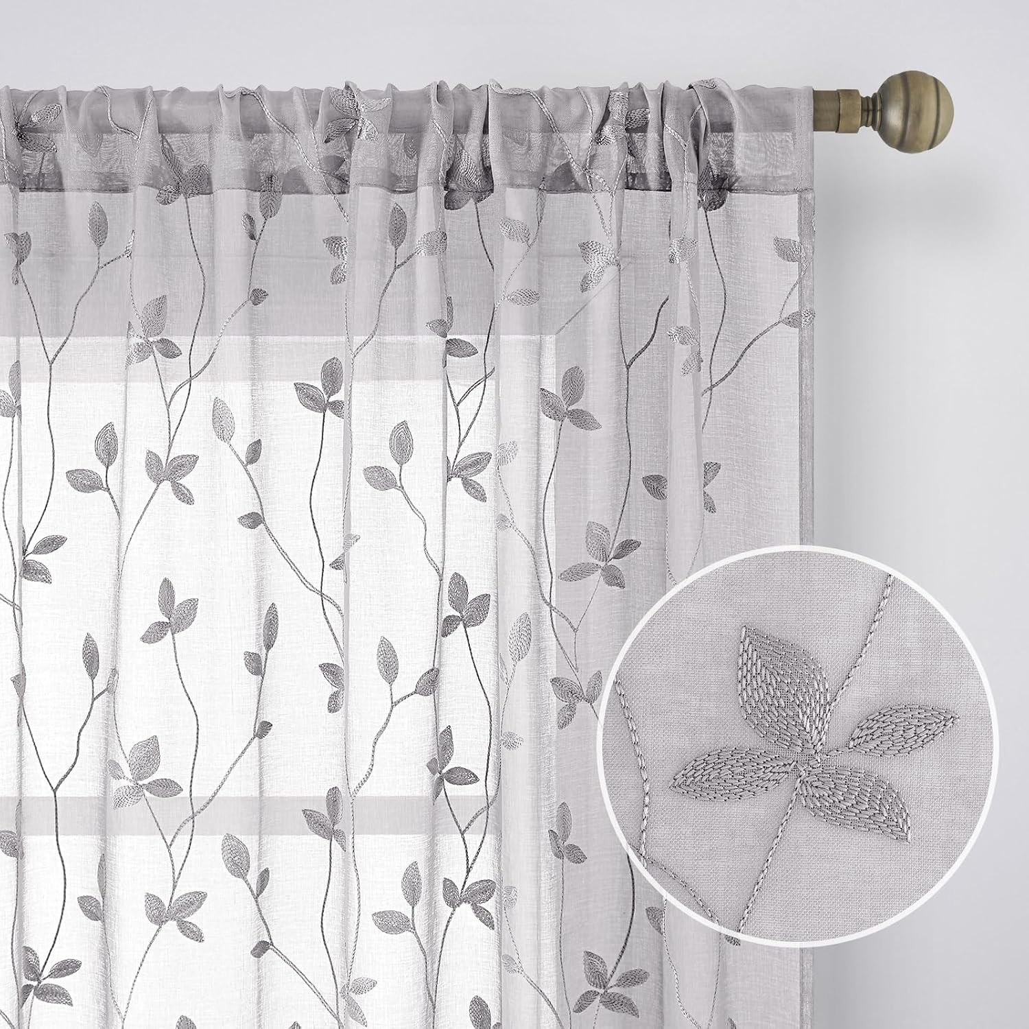 Light Grey Sheer Curtains 52 X 84 Inches Length 2 Panels Embroidered Vine Flo…