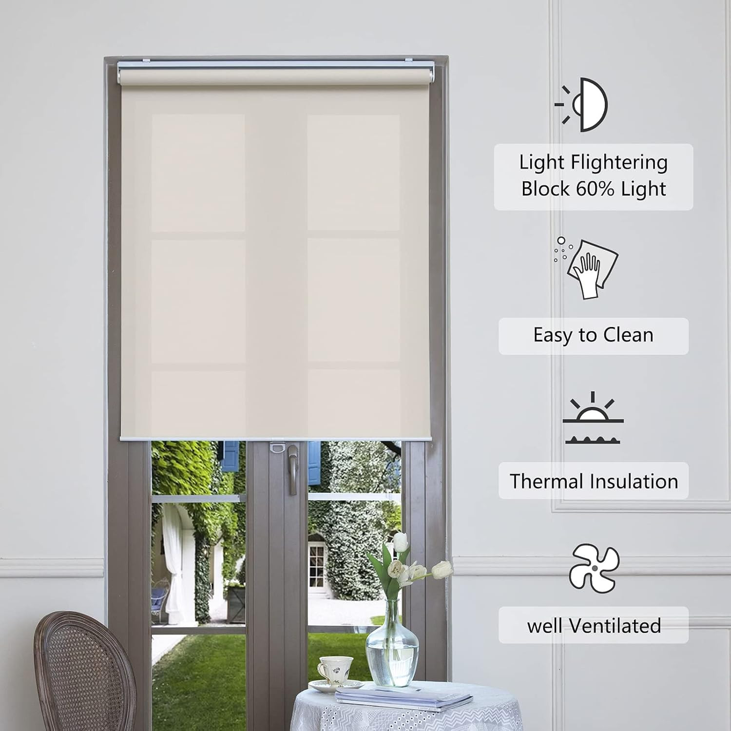 Cordless Light Filtering Roller Shades 46″ W X 72″ H Beige