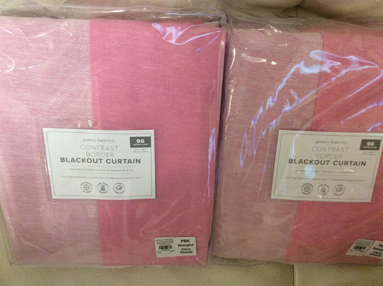 Pottery Barn Kids Two (2) Contrast Border Blackout Curtains Panels 44×96 Pink