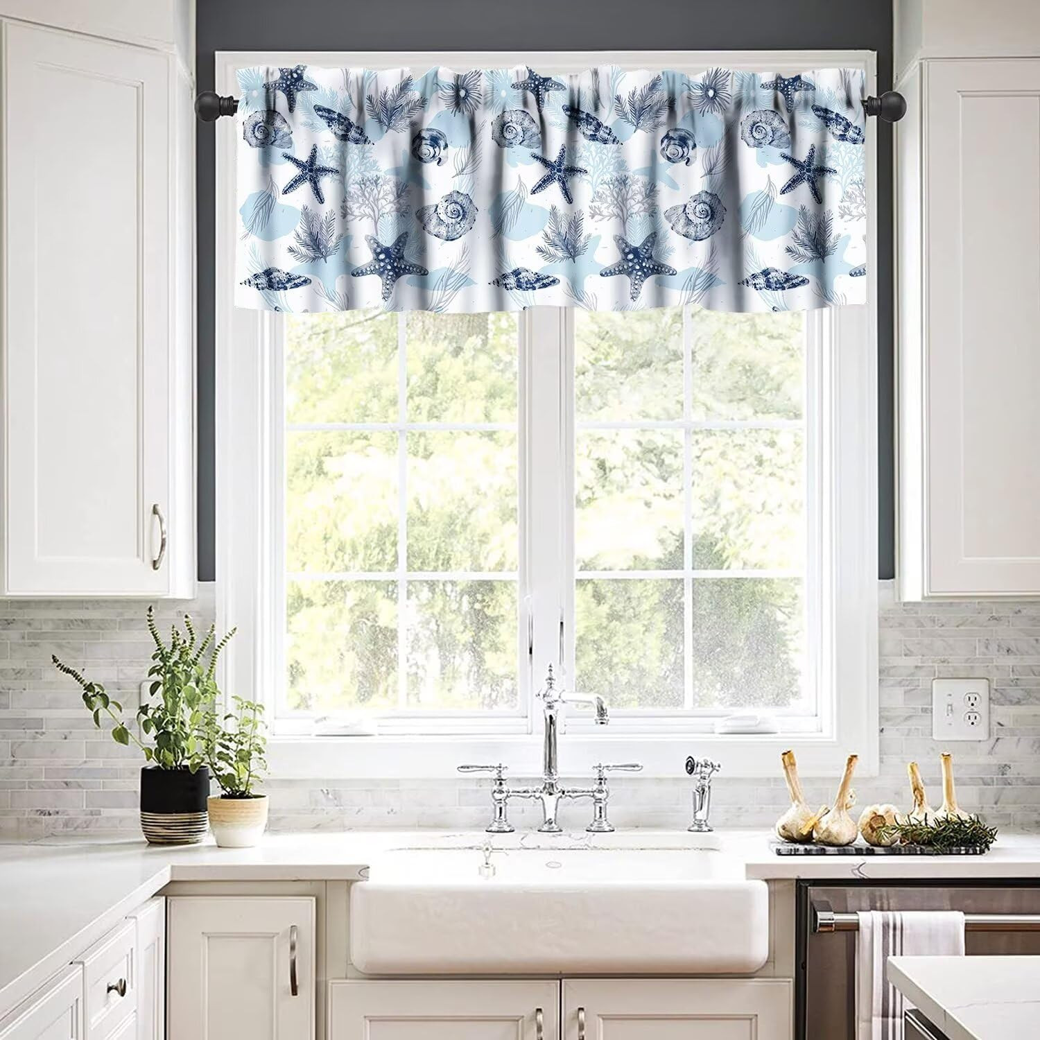 Ocean Theme Curtain Valance,Blue & White Beach Sea Starfish Seashell Print Patte