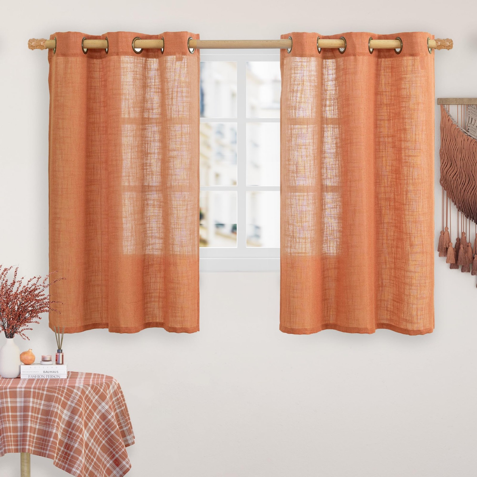 Burnt Orange Linen Curtains 45 inches Long for Kitchen, Linen Textured Light …