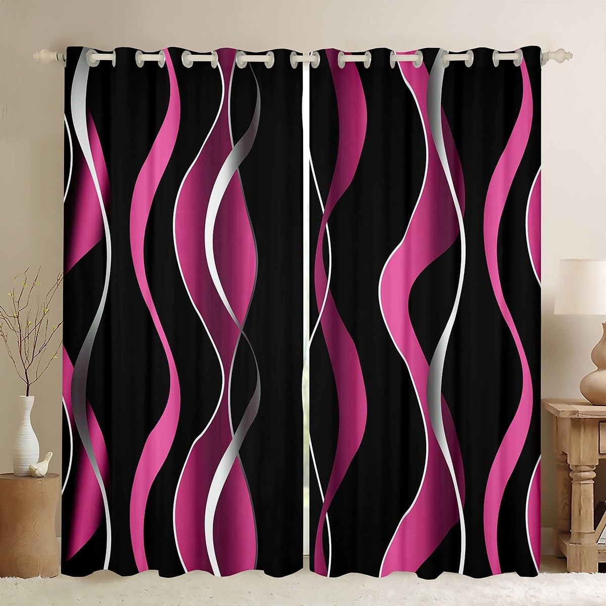 Gray Black Pink Stripe Darkening Drapes Modern Abstract Art Window Curtains G…