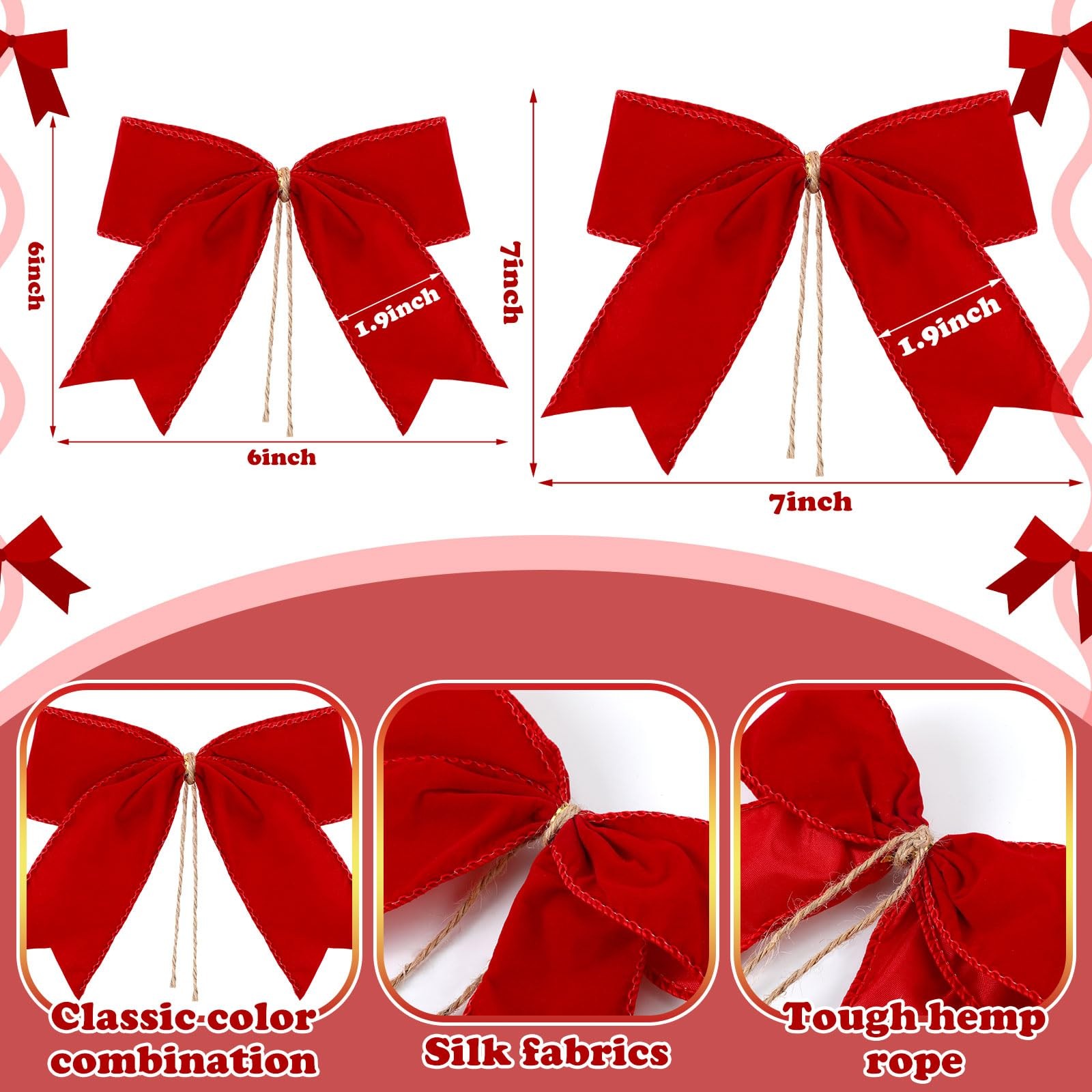 12 PCS Wine Red Valentines Velvet Bows Decorations Ornaments Party 6×6 Inch