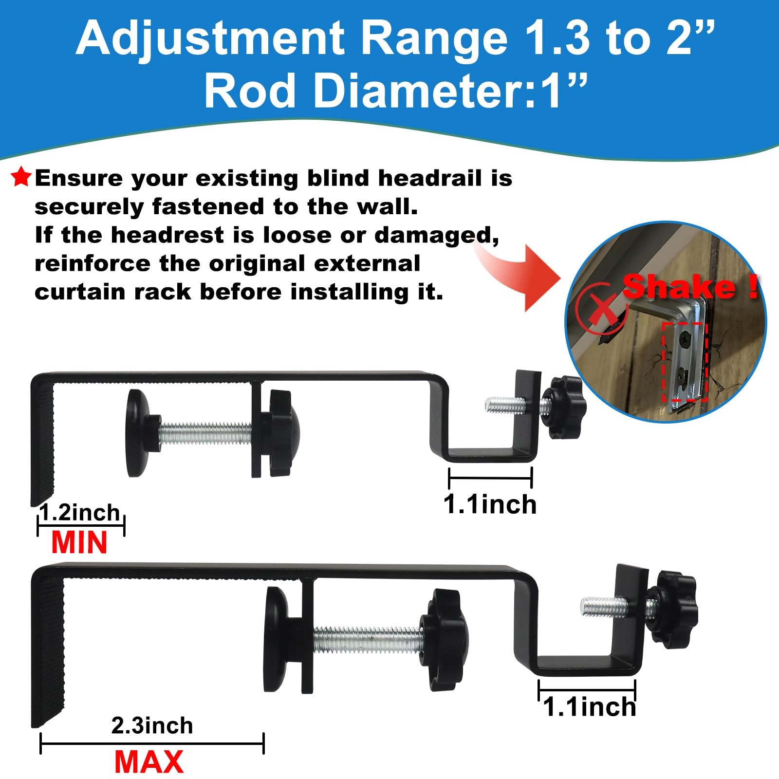 Outside Integrated Blind Curtain Rod Bracket Accessories, 1.3 – 2.3 inches Wi…