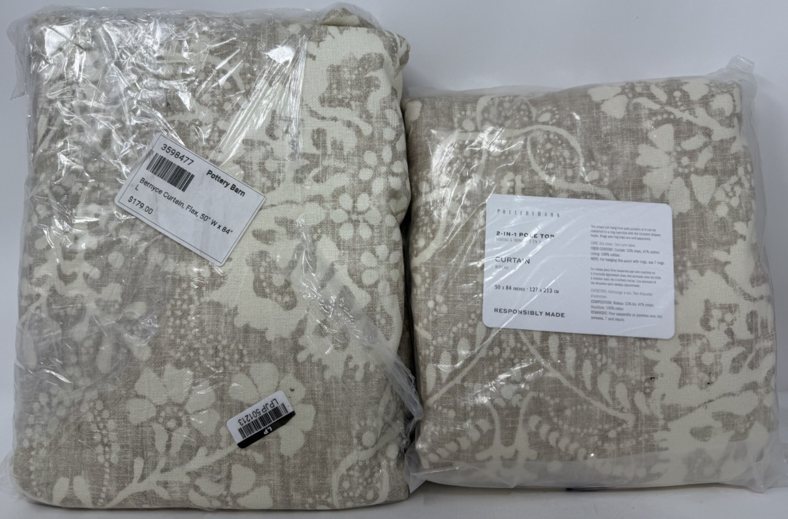 New Pottery Barn Bernyce Drapes 50″ x 84″ ~Flax~ Set of 2