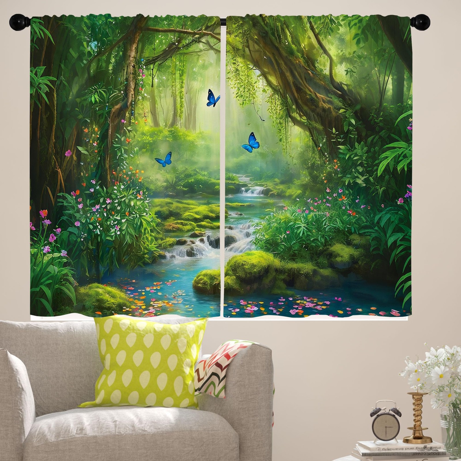 Green Forest Kitchen Curtains 36 inches Long Fairy Enchanted Landscape Jungle…