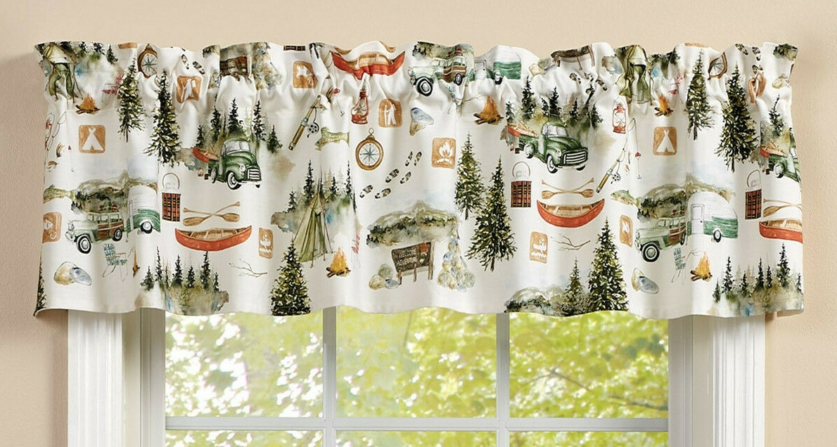 NEW CAMPING WINDOW VALANCE 13″ x 60″ Trees Camper Canoe Tent Rustic Fishing