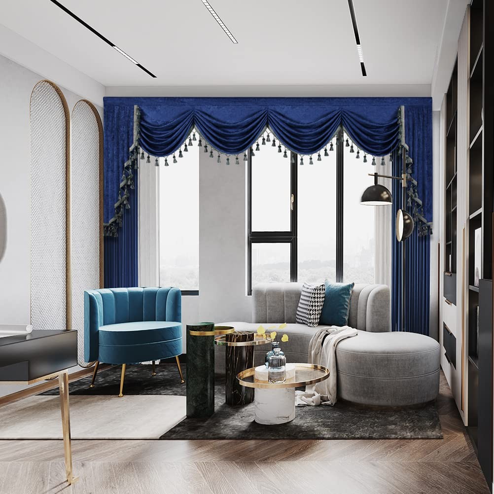 Elkca Thick Royal Blue Chenille Window Curtains Valance For Living Room