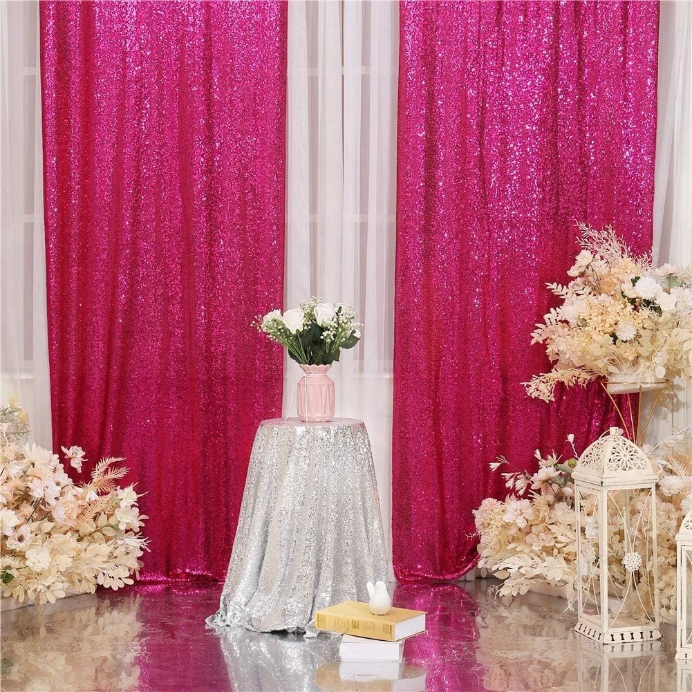 Hot Pink Shimmer Sequin Curtain Set – 2FTx8FT for Birthday, Wedding, Photography