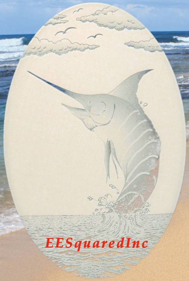 Marlin Window Decal for Glass – OVAL 15×23 Static Cling Tropical Fishing Decor