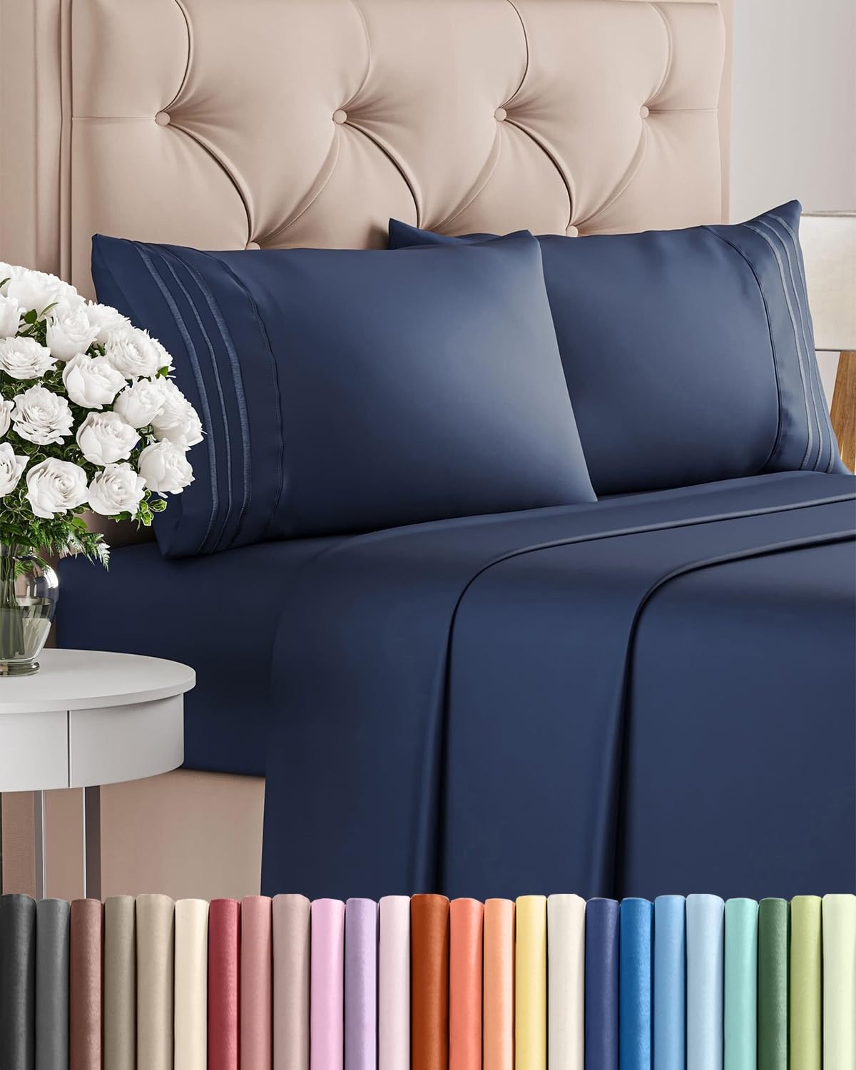 Queen Size 4 Piece Sheet Set – Comfy Breathable & Queen, 18 – Navy Blue