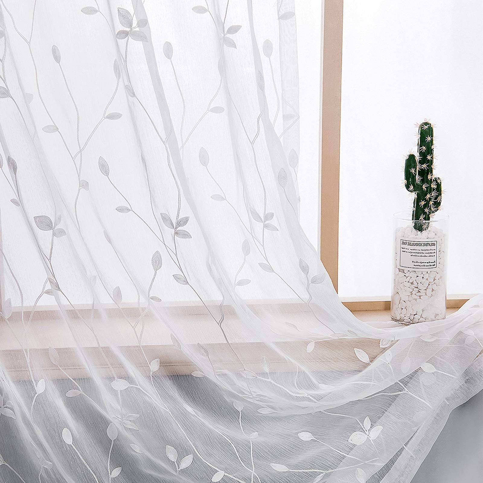 2 Panels Embroidered Leaf Pattern Semi Sheer Curtains Foliage Floral Voile Wi…