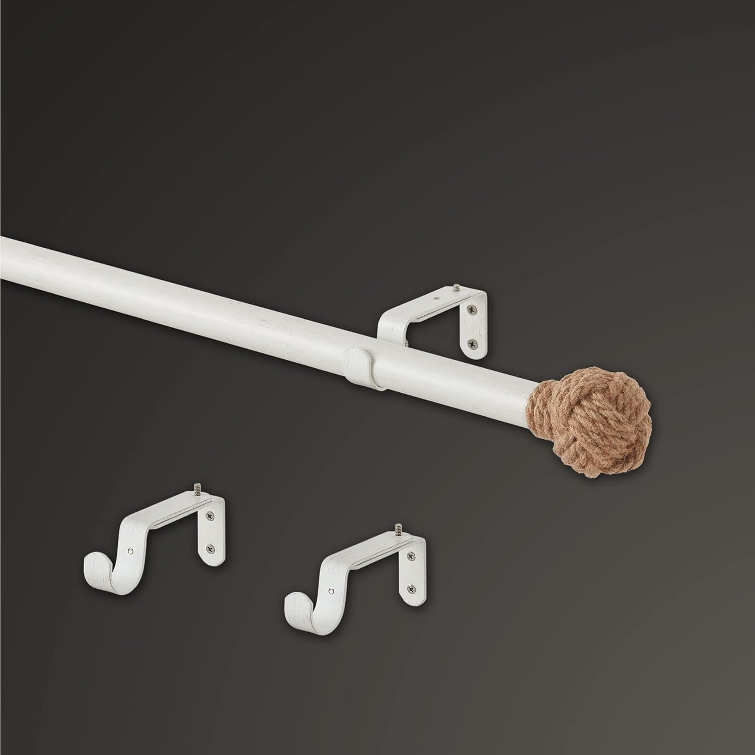 Coastal Jute Curtain Rod Set, 36”-72” Adjustable, Weathered White Finish