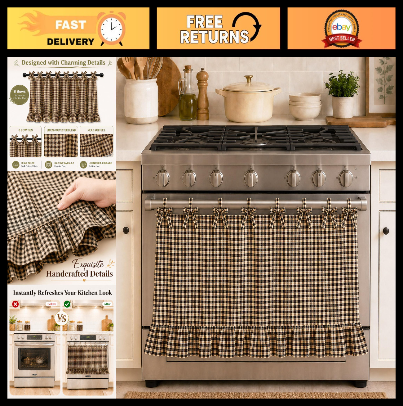 Vintage Ruffled Lace Trim Oven Skirt Curtain for Kitchen Dishwasher, Heat-Resist