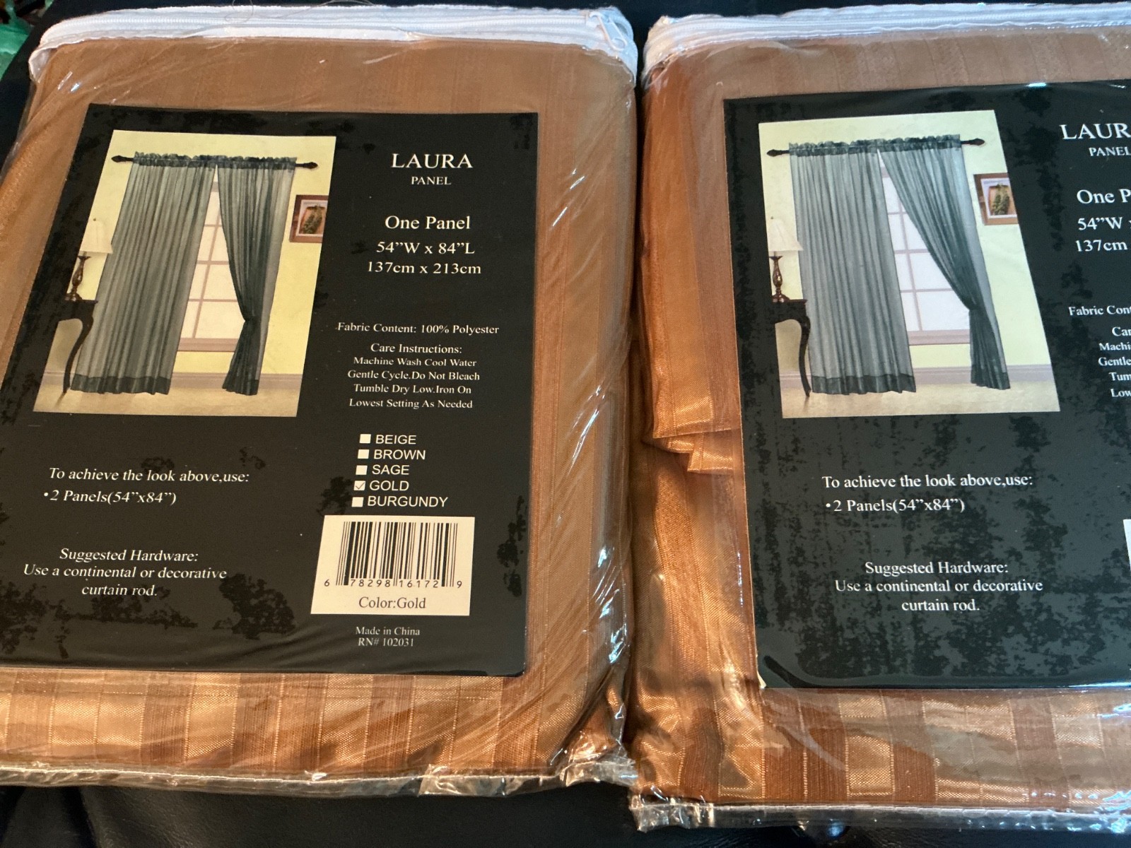 NEW 2 Gold Striped Sheer Window Panels Curtains 54” wide x 84″ long Polyester