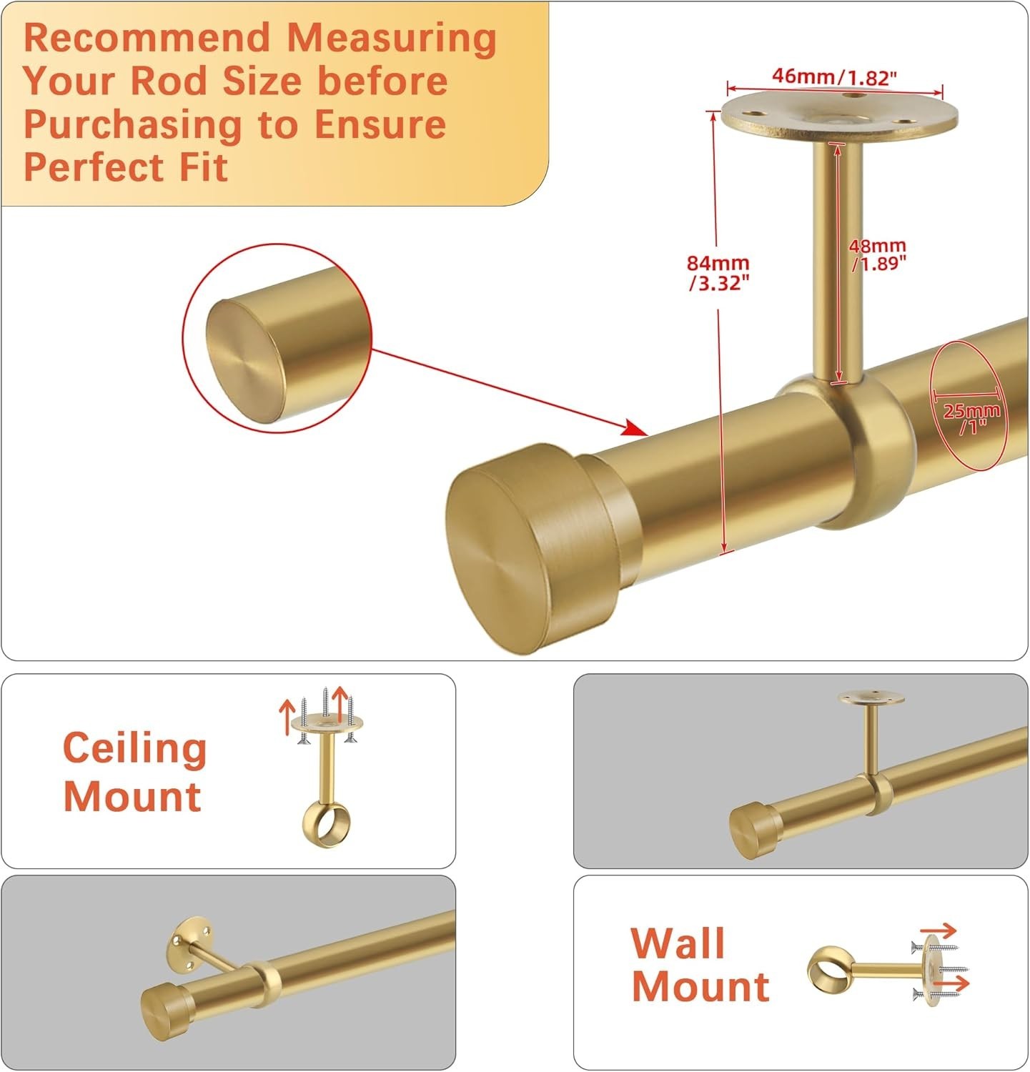 Stainless Steel Curtain Rod Holders with 3.35in Height and Gold Finish